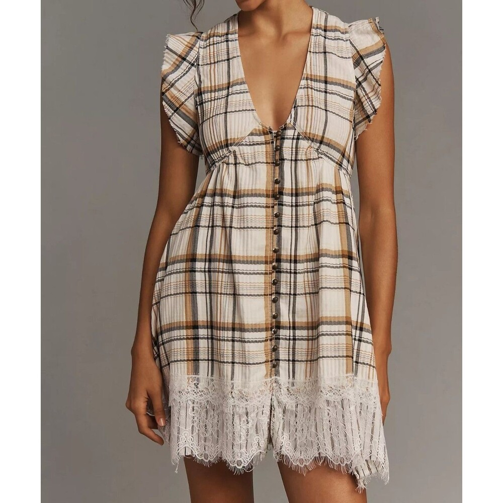 By Anthropologie Pilcro Flutter-Sleeve Button-Front Mini Dress Plaid S 291098